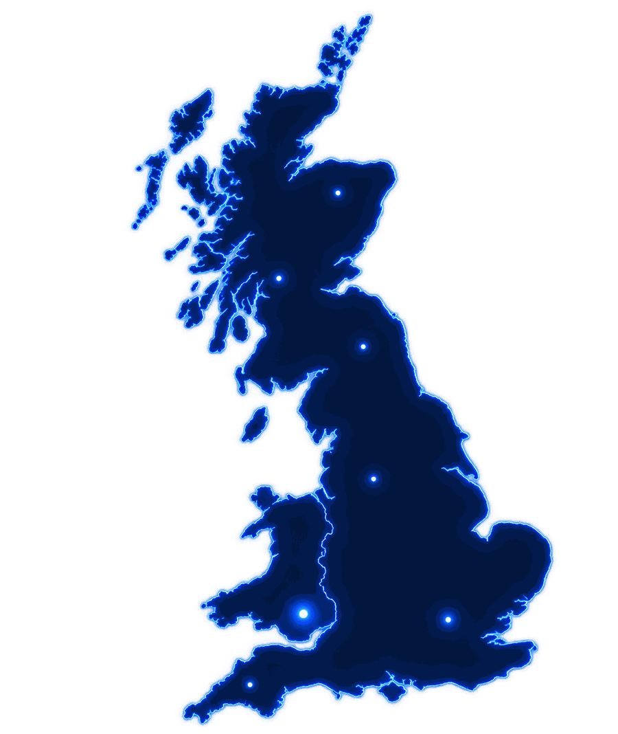 UK map highlighting QuantWeb's South Wales base and UK-wide reach